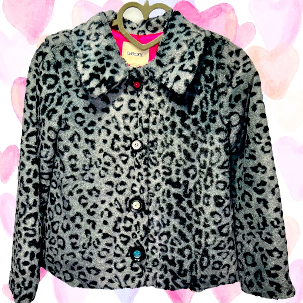 🌺Cherokee Girl’s Small Gray Cheetah Animal Print Soft Fur Coat🌸🌺